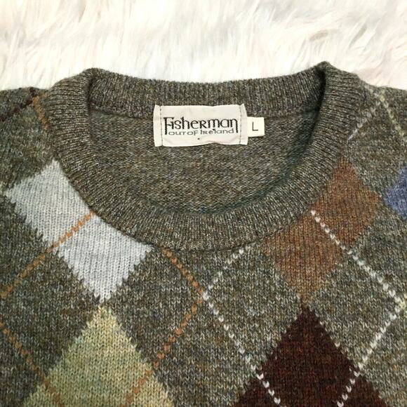 Fisherman Out Of Ireland Pullover Argyle sweater 100% Lambs Wool Sz Large preppy - Picture 1 of 8